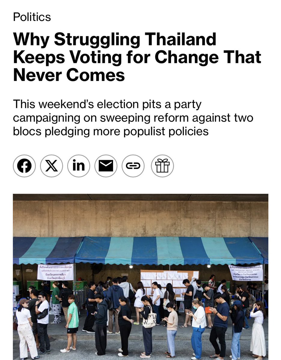 ganblade's tweet image. Bloomberg พาดหัวว่า ทำไมประเทศไทยที่กำลังดิ้นรน จึงยังคงลงคะแนนเสียงให้กับการเปลี่ยนแปลงที่ไม่เคยเกิดขึ้นจริง

และบอกต่อว่า ศก.ไทยขยายตัวจากช่วงโควิดแค่ 5% หรือเติบโตเฉลี่ยแค่ 1% ต่อปี ขณะที่เวืยดนาม อินเดีย โตไปแล้วกว่า 40% ในช่วงเวลาเดียวกัน