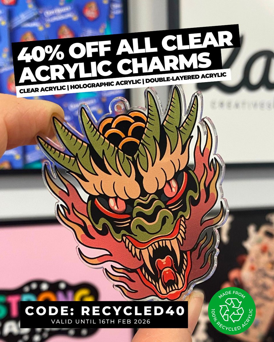ZapCreatives's tweet image. Get 40% off ALL clear acrylic charms with code: RECYCLED40
Discount ends 10am (GMT) 16th Feb 2026! ⏰

Click here to enjoy this offer &amp;gt;&amp;gt; tinyurl.com/29fzn4an

#merchdesign #acrylic #charms #eco #digitalprinting #shopsmall