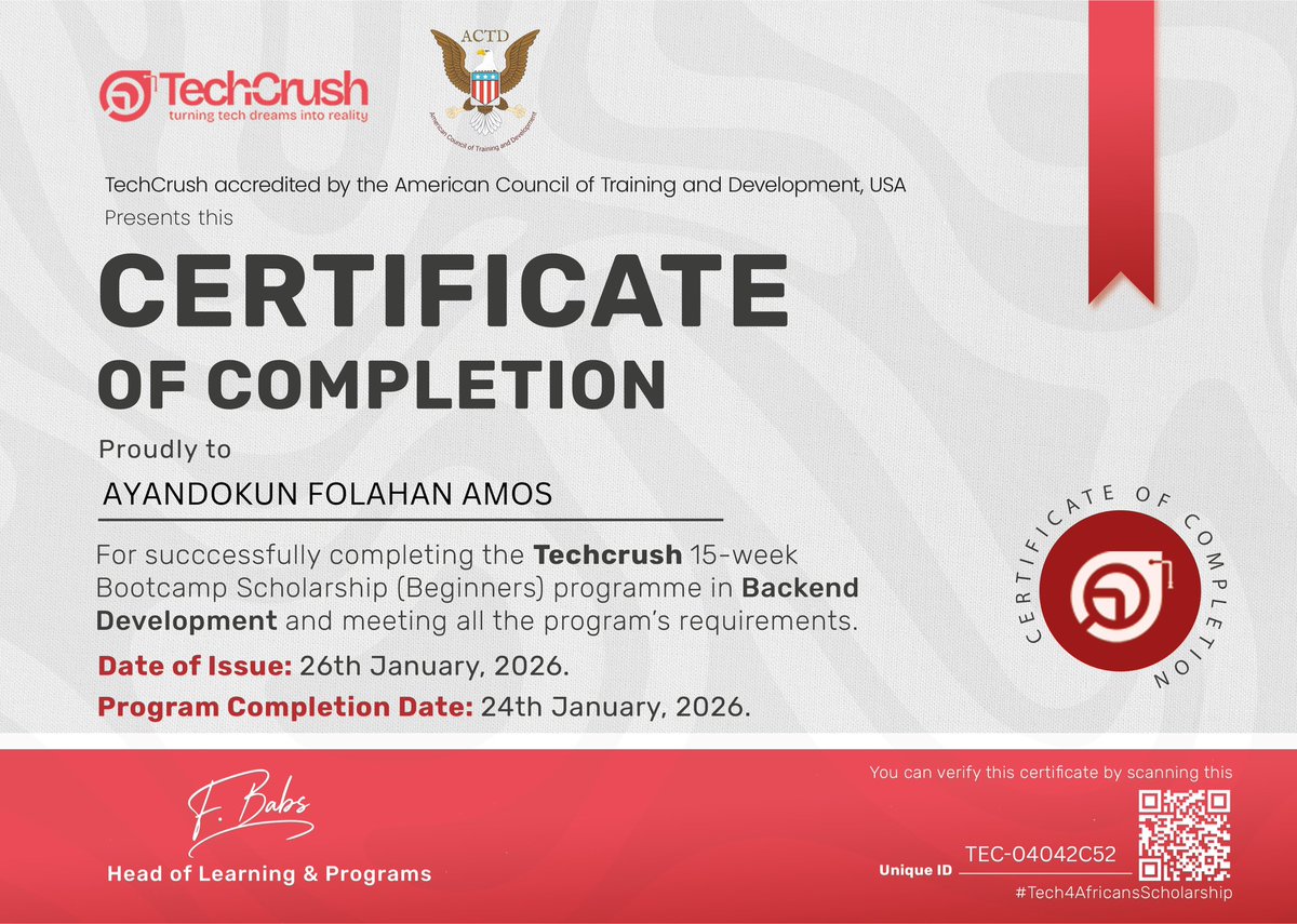 Just completed a backend bootcamp with <a href="/TechCrushHQ/">TechCrush.pro</a>  

Looking for advice from pros on next steps to success in the field. Any tips or internship opportunities welcome! #backenddev #careeradvice