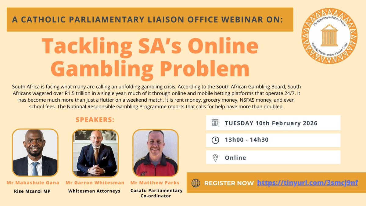 A REMINDER to JOIN US and to REGISTER now for Tuesday’s WEBINAR: Tackling SA’s Online Gambling Problem

DATE:  TUESDAY 10th February 2026
TIME: 13h00 – 14h30

Please REGISTER NOW using this link:  tinyurl.com/3smcj9nf