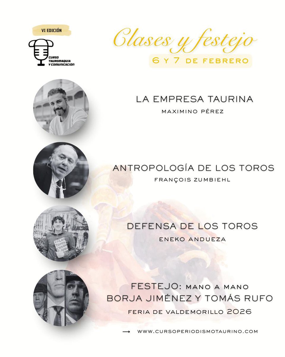 TaurinoCurso's tweet photo. Clases y festejo, pero qué clases y qué festejo este fin de semana 💎

Este es el programa del @TaurinoCurso para los próximos días:

🗓️ Viernes 6 y sábado 7 de febrero

✔️ La empresa taurina, por Maximino Pérez

✔️ Visión antropológica de la tauromaquia, por François Zumbielh

✔️ Argumentos inclusivos para la defensa de la tauromaquia, por Eneko Andueza

✔️ Festejo: Mano a Mano entre Borja Jiménez y Tomás Rufo en Valdemorillo