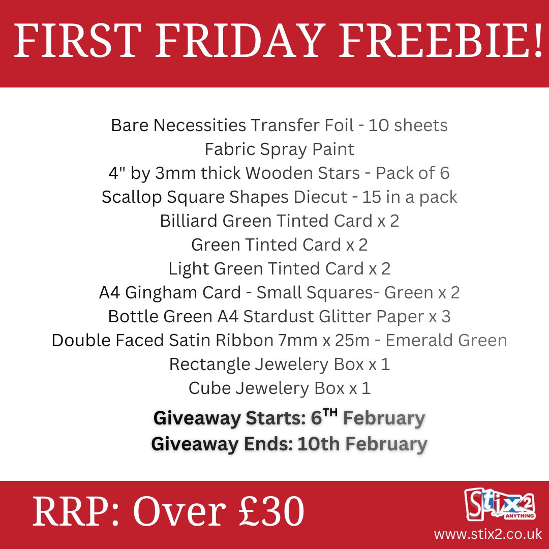 The First Friday Freebie Giveaway of this year is now LIVE! 

Fancy winning this Stix2 #craftbundle worth over £30?! 🤩

How to enter: Like and retweet our post for a chance to win.

The winner will be announced on Tuesday 10th February!!

#Giveaway #Competition #Crafts #Prize