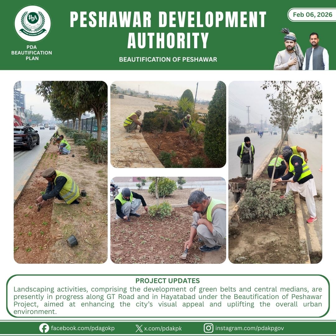 بیوٹیفیکیشن آف پشاور پراجیکٹ کے تحت جی ٹی روڈ اور حیات آباد میں گرین بیلٹس اور سینٹرل میڈینز کی تیاری سمیت لینڈ اسکیپنگ کے کام جاری ہیں، جن کا مقصد شہر کے حسن میں اضافہ اور مجموعی شہری ماحول کو بہتر بنانا ہے۔

#BeautificationOfPeshawar #GTRoad #Hayatabad #GreenPeshawar