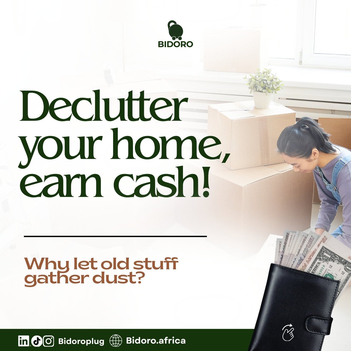 Bidoroplug's tweet photo. That chair, phone, or bag you're not using anymore?
Someone else is looking for it
Turn clutter into cash with Bidoro.
Easy listing. Fast connections. Secured payments.
Clear space. Earn more
#bidoro #declutterwithpurpose #sideincome #OnlineSafety #firstlady #remitinubu https://t.co/Tb2bfASSU5