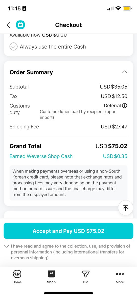 J’ai fait une simulation avec le light stick de TXT qui a le même prix et ça revient à 75$ (63,60€) avec les fdp et les taxes
On espère que le lightstick sera compris dans le store français 🙏🏾