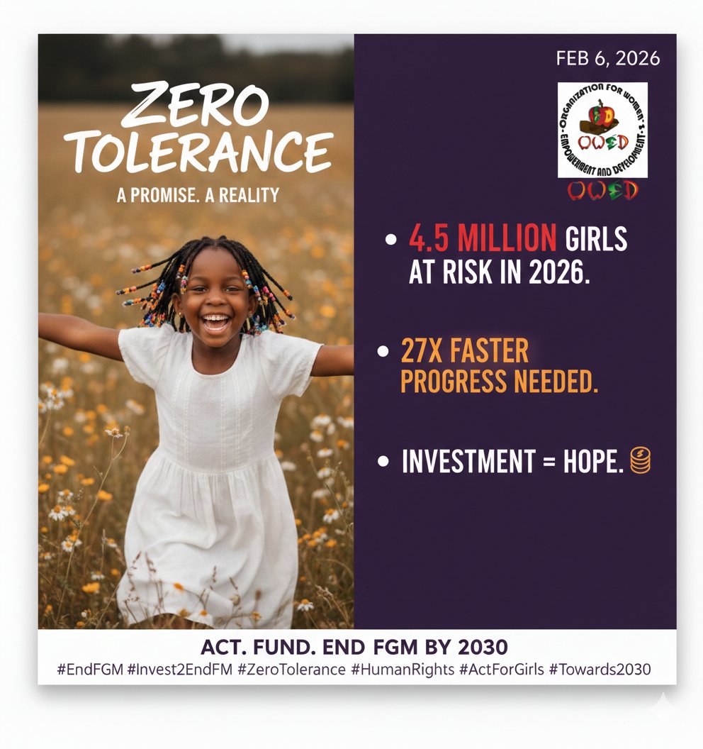 Today is International Day of Zero Tolerance for Female Genital Mutilation. 
​ This year, we are calling for sustained investment in survivors, in grassroots movements, and in legal protections.
 Every girl deserves to grow up in a world where her bodily integrity is respected.