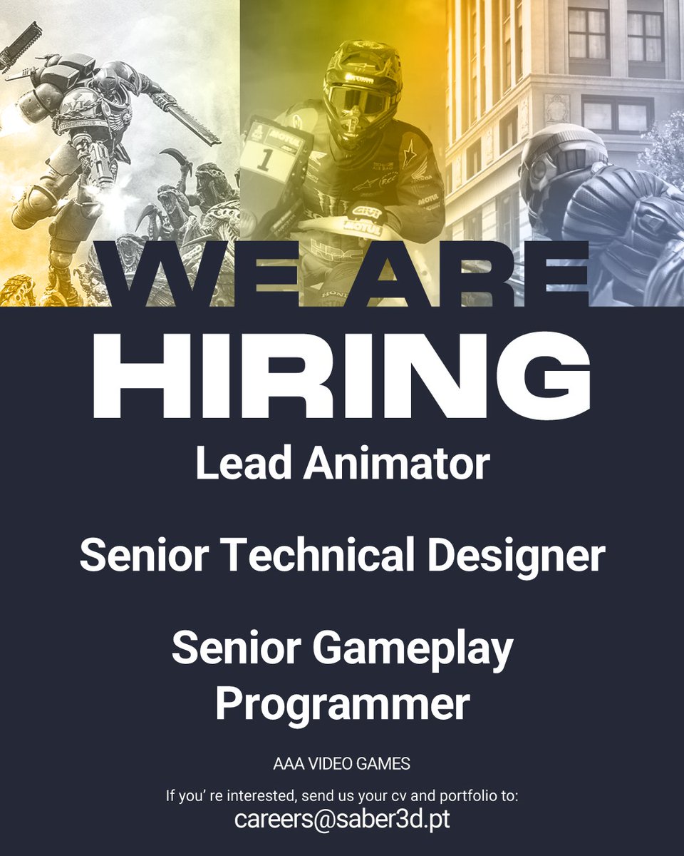 SaberPorto's tweet image. Saber is hiring for multiple roles in our studio located in the Porto area! 🔍💙

We are looking for an experienced Lead Animator, Senior Technical Animator, and Senior Gameplay Programmer. 💪

You can send your CV to careers@saber3d.pt 📥

#hiring #lead #senior #gamejobs