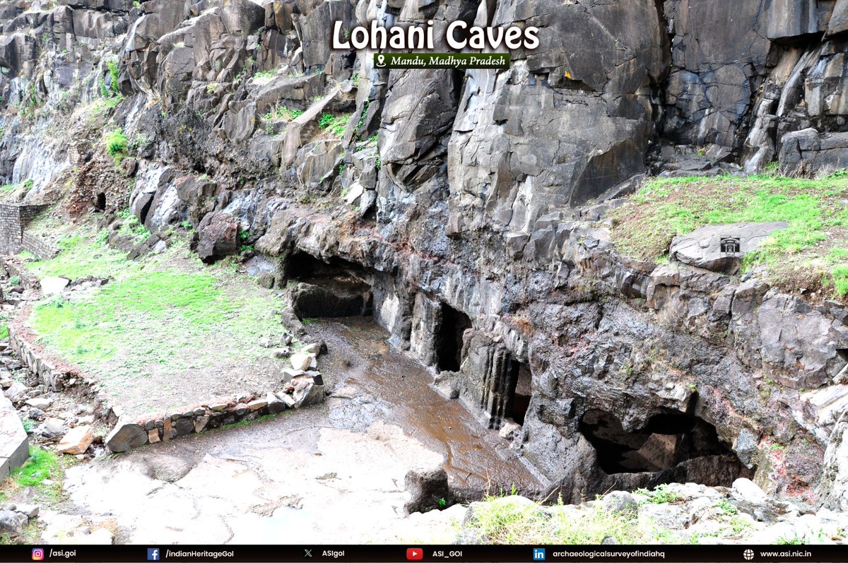 ASIGoI's tweet photo. The Lohani Caves are simple in design, with very little carving and no inscriptions recording the date of their excavation. However, as gleaned from the many scattered ruins in the surrounding area - some of which bear inscriptions - it is understood that the caves were excavated around the 11th-12th century CE.
In terms of layout, the caves consist of a few rock-cut cells primarily meant for residential use. A rock-cut cistern is located in front of the caves, thus making provisions for water storage. The premises were once filled with debris, and when these debris were cleared sculptures were reported.
