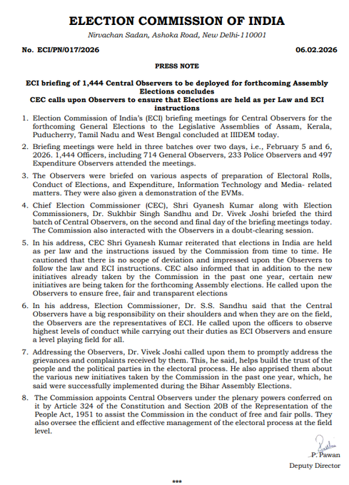 tv9gujarati's tweet photo. ECI briefing of 1,444 Central Observers to be deployed for forthcoming Assembly Elections concludes. CEC calls upon Observers to ensure that Elections are held as per Law and ECI instructions: ECI | TV9Gujarati
#ECIBriefing #AssemblyElections #ElectionCommission #TV9Gujarati https://t.co/J8k1G6dbUA