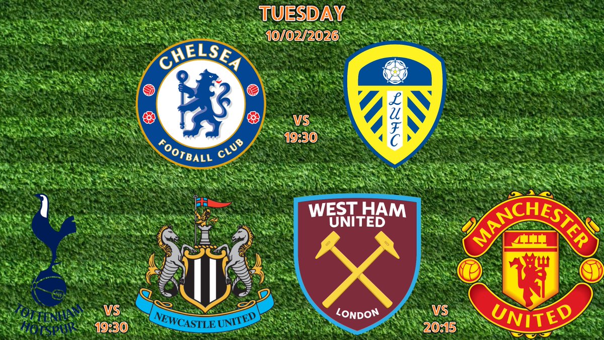 Tuesday nights premier league action ....

⚽Chelsea v Leeds United⚽19:30
⚽Tottenham Hotspur v Newcastle United⚽19:30
⚽West Ham United v Manchester United⚽20:15

Watch ALL these games LIVE here @ Steelers Sports Bar