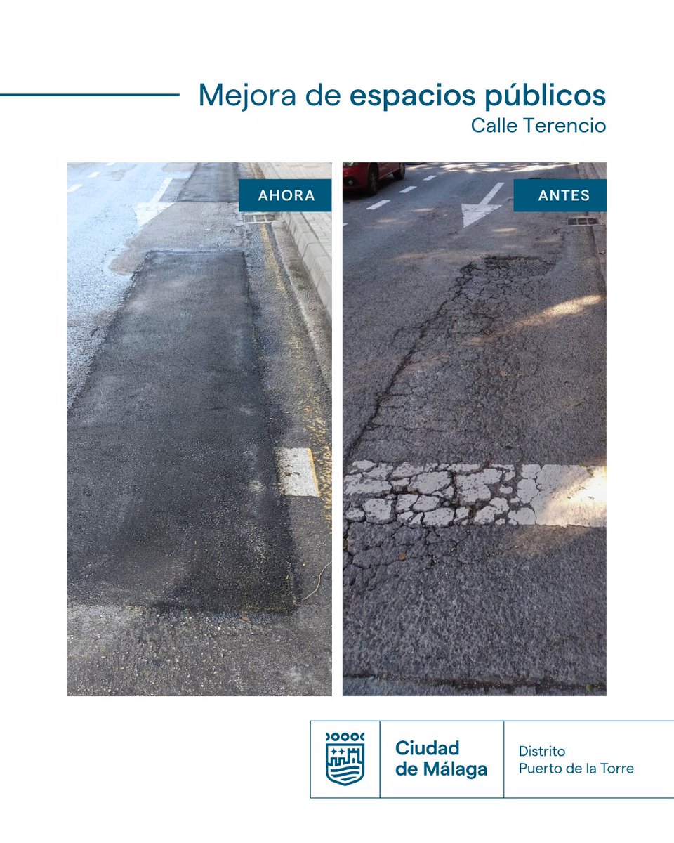 Mejora de espacios públicos en el distrito Puerto de la Torre 🚧

El Ayuntamiento de Málaga, a través del distrito Puerto de la Torre, ha llevado a cabo un arreglo del asfalto en la calle Terencio.