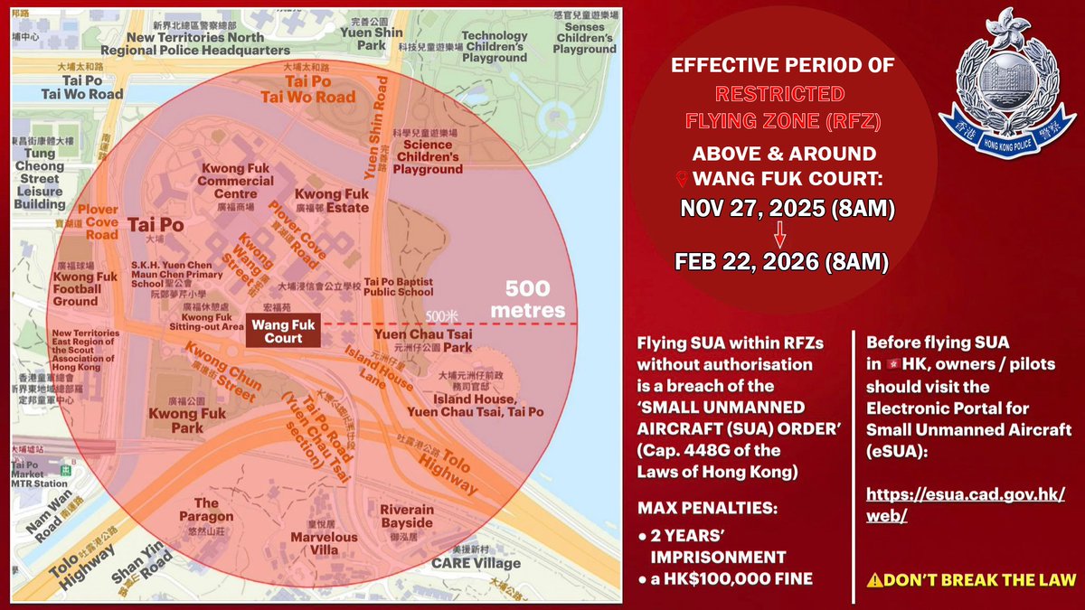 hkpoliceforce's tweet photo. ⚠️EXTENSION

The #Police will extend the effective period of the 🚫RESTRICTED FLYING ZONE above and around📍#WangFukCourt from FEB 8, 2026 (8AM) to FEB 22, 2026 (8AM)—to keep ensuring #PublicSafety following the inferno that had ravaged the housing estate in #TaiPo in NOV, 2025.

🚫#NoDrones