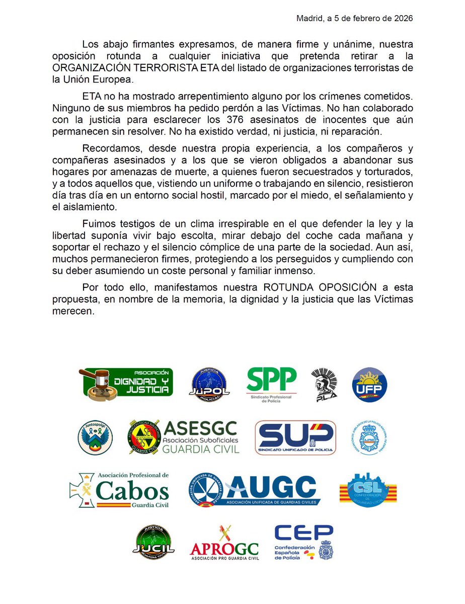 ✍🏻 Retirar a ETA del listado de organizaciones terroristas de la Unión Europea es una ofensa a décadas de lucha contra asesinos que intentaron doblegar a una Nación y perdieron.

👮🏻‍♂️👮🏻 Las víctimas, muchas policías, no merecen ese desprecio. En <a href="/cep_cepolicia/">CEP</a> siempre con ellas.