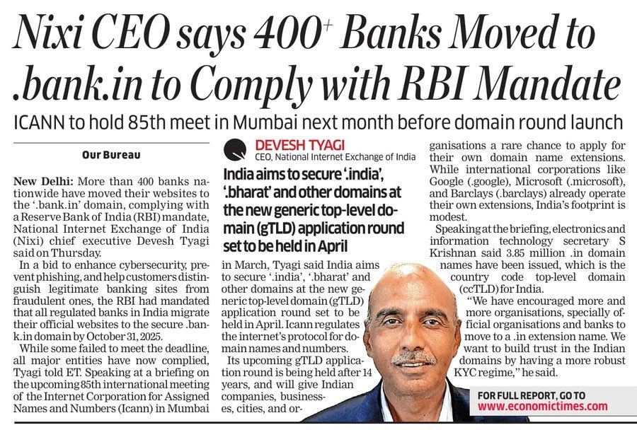 inregistry's tweet image. Dr. Devesh Tyagi highlighted that over 400 banks have migrated to the .bank.in domain to comply with the RBI mandate, strengthening cybersecurity and curbing phishing risks.

#NIXI #bankin #CyberSecurity #DigitalTrust #RBI