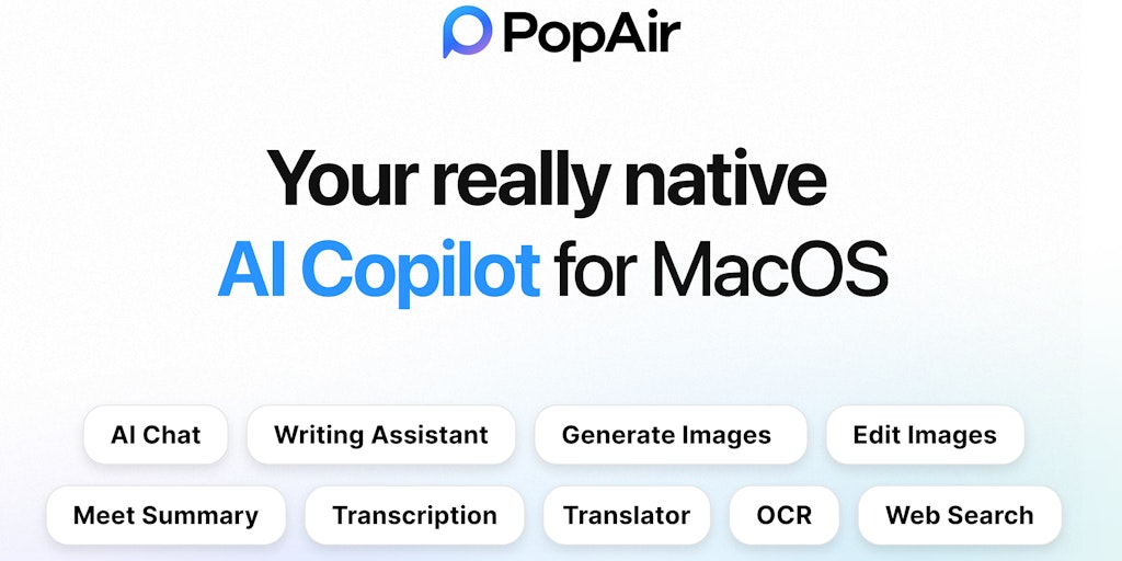 techdaily24's tweet photo. Unlock AI power on your Mac! 🚀 PopAir is the native macOS AI copilot that integrates into ANY app via shortcut. Chat, generate images, transcribe meetings, translate text – all seamlessly. Boost productivity today! #PopAir #macOSAI https://t.co/ZAbxHfpJ9B