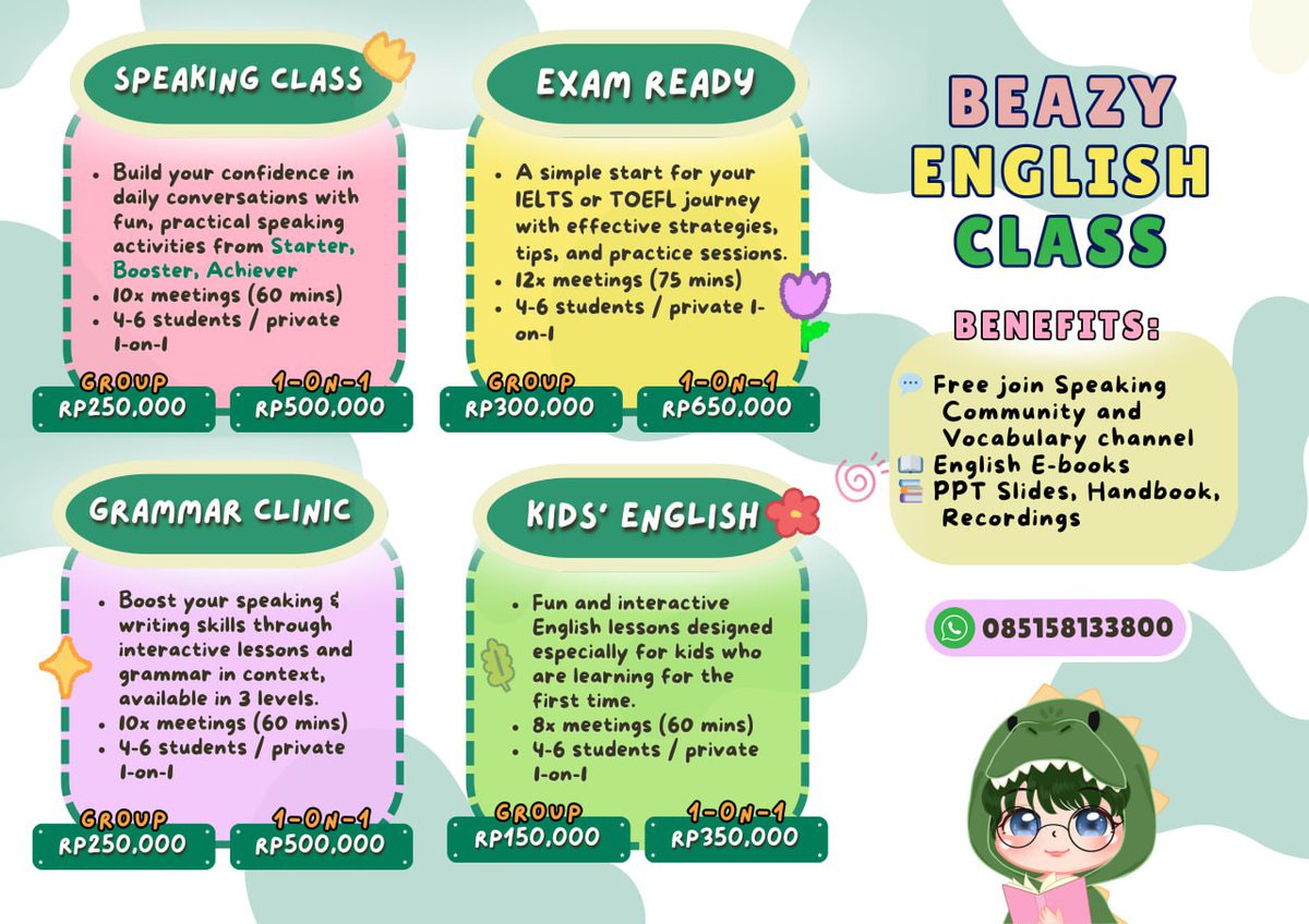 beazyclub's tweet image. Hello Guyss 🎉  BZ Class is currently open ENGLISH CLASS for all levels 🌟

💬 Speaking Class
💬 Grammar Clinic
💬 IELTS/TOEFL ITP
💬 Speaking Partner

📍 Tersedia kelas:
• Online (Zoom)
• Offline (daerah Solo)

🌐 Info &amp;amp; pendaftaran: msha.ke/bzclass

[THREAD]