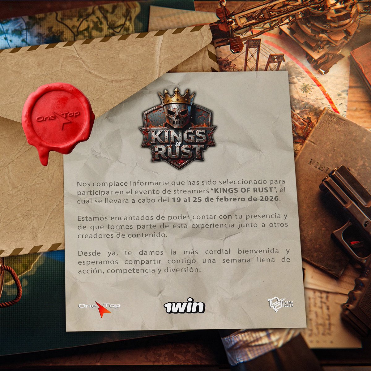 🥇¡SEREMOS KINGS!🥇

Contento de anunciarles que hemos sido invitados a participar en el evento 👑#KingsOfRust☢️

​🗓️Del 19 al 25 de febrero

⚔️ Prepárense para una semana  de pura acción! 

<a href="/1winPro/">1win</a>  <a href="/Kingsofrust2026/">KingsofRust</a> <a href="/latampower/">Latam Power</a> <a href="/playrust/">Rust</a> <a href="/FcpnchStds/">facepunch</a> #OneTap #RUST