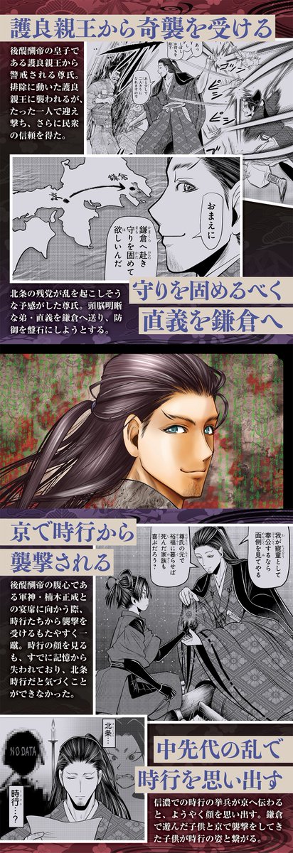 連載5周年を迎えた
#逃げ上手の若君 ✨

激動の時代の大英雄であり
時行の宿命の敵である
足利尊氏のメモリアル画像をお届け❗️

各画像をタップしてチェック‼️

コミックス派の皆さんは
ネタバレ注意⚠️

#逃げ若 