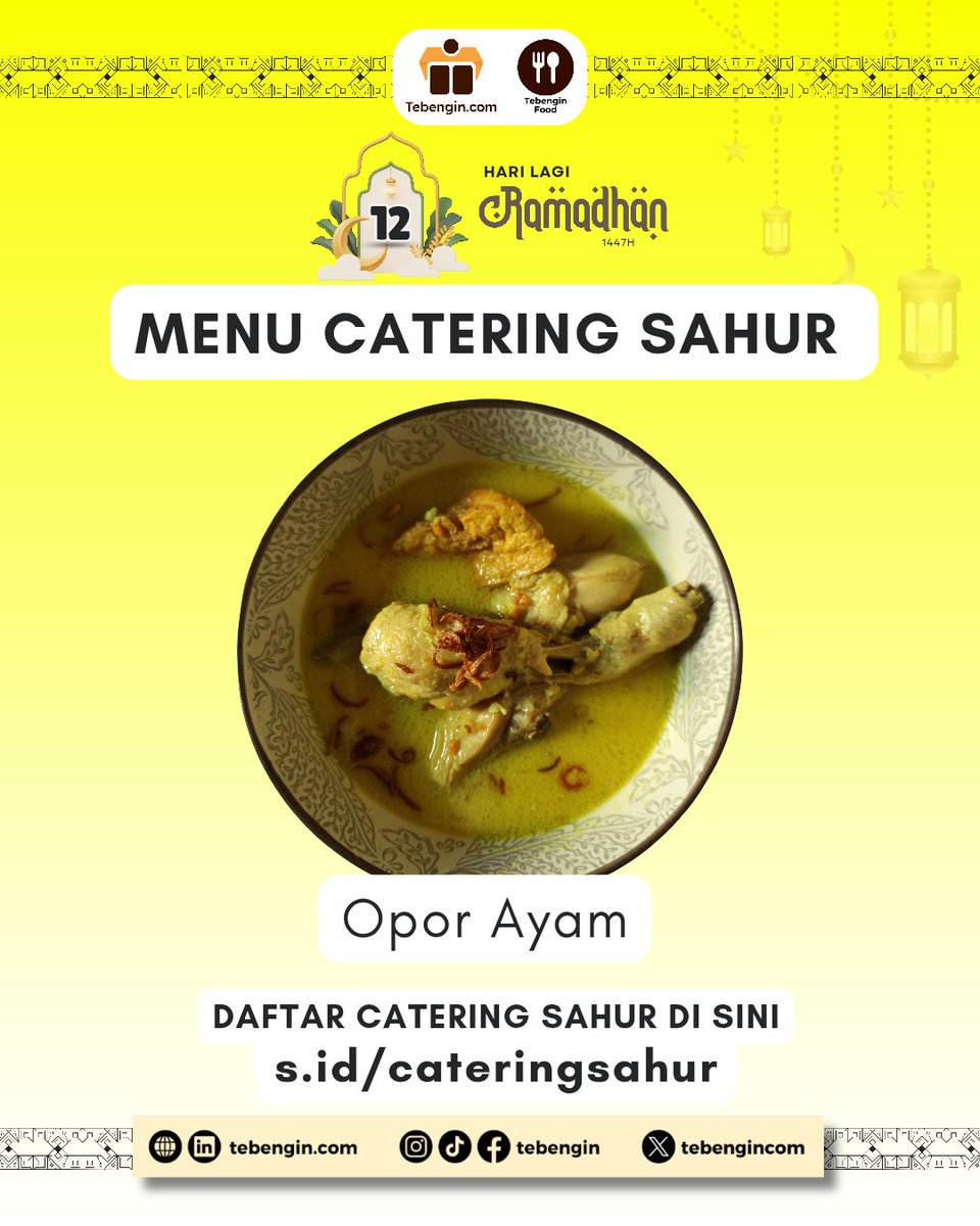 TebenginCom's tweet photo. 12 HARI LAGI RAMADHAN! 🌙🕌
Menu sahur spesial: Opor Ayam kuah santan gurih, ayam empuk, rempah wangi! 😋
Hangat, bergizi, bikin puasa seharian kuat &amp; semangat ❤️

Mau nikmati tanpa masak? 
Pesan catering kami yuk: 
https://t.co/SgYMbeJxqy 
https://t.co/SgYMbeJxqy https://t.co/GZMfKQflv9