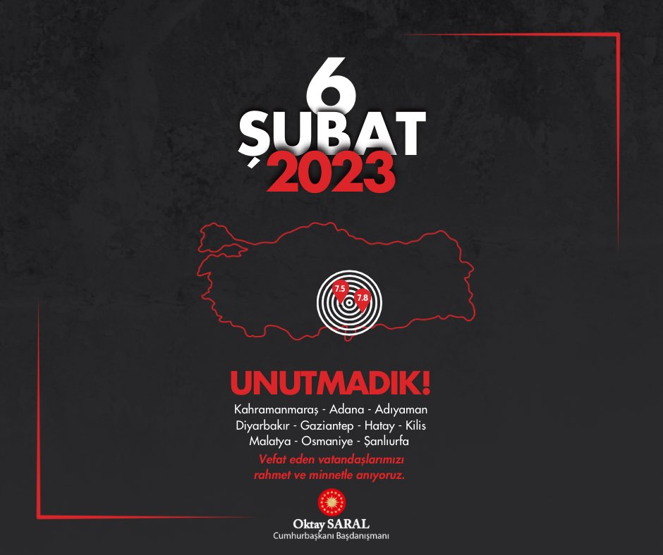 6 Şubat 2023’te yaşadığımız asrın felaketinde hayatını kaybeden vatandaşlarımıza bir kez daha Allah’tan rahmet; geride kalanlara sabır ve başsağlığı diliyorum.

Rabb’im ülkemizi her türlü afetten muhafaza eylesin. Aynı acıların bir daha yaşanmaması temennisi ile…

#6subat2023