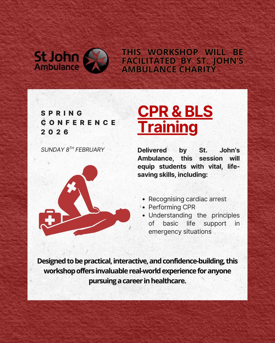 potentialmedics's tweet photo. Workshop Reveal #4 CPR and BLS Training with St John's Ambulance!

You are on the train. A man walking past you suddenly grabs his chest, and collapses. 

Do you know what to do?

If not, then attend our Spring Conference on Sunday 8th February to learn Basic Life Support &amp; CPR! https://t.co/KAN2ttPnz8