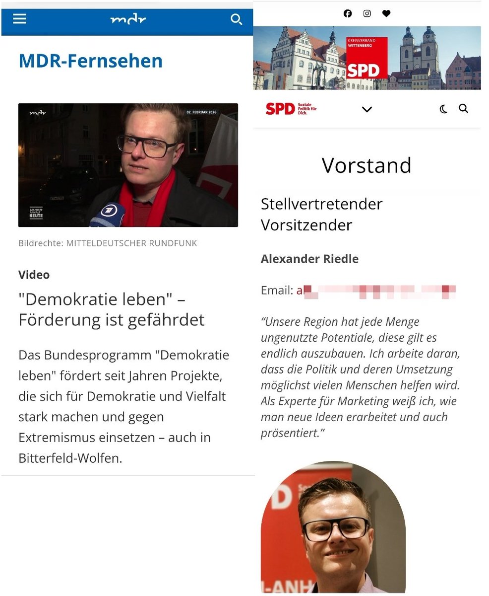 Der vom MDR interviewte Demonstrant, der gegen die Kürzung der Fördergelder für das Projekt "Demokratie leben" demonstriert, sitzt im Vorstand der SPD Wittenberg. #OerrBlog