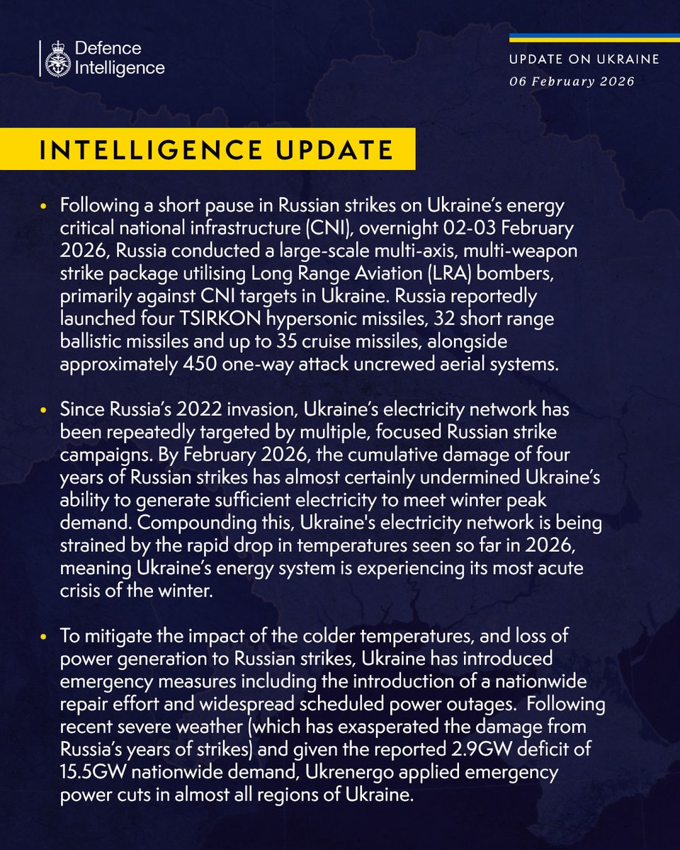 Latest Defence Intelligence update on the situation in Ukraine -  06 February 2026.

Find out more about Defence Intelligence's use of language: ow.ly/cTCb50Y5iCX 

#StandWithUkraine