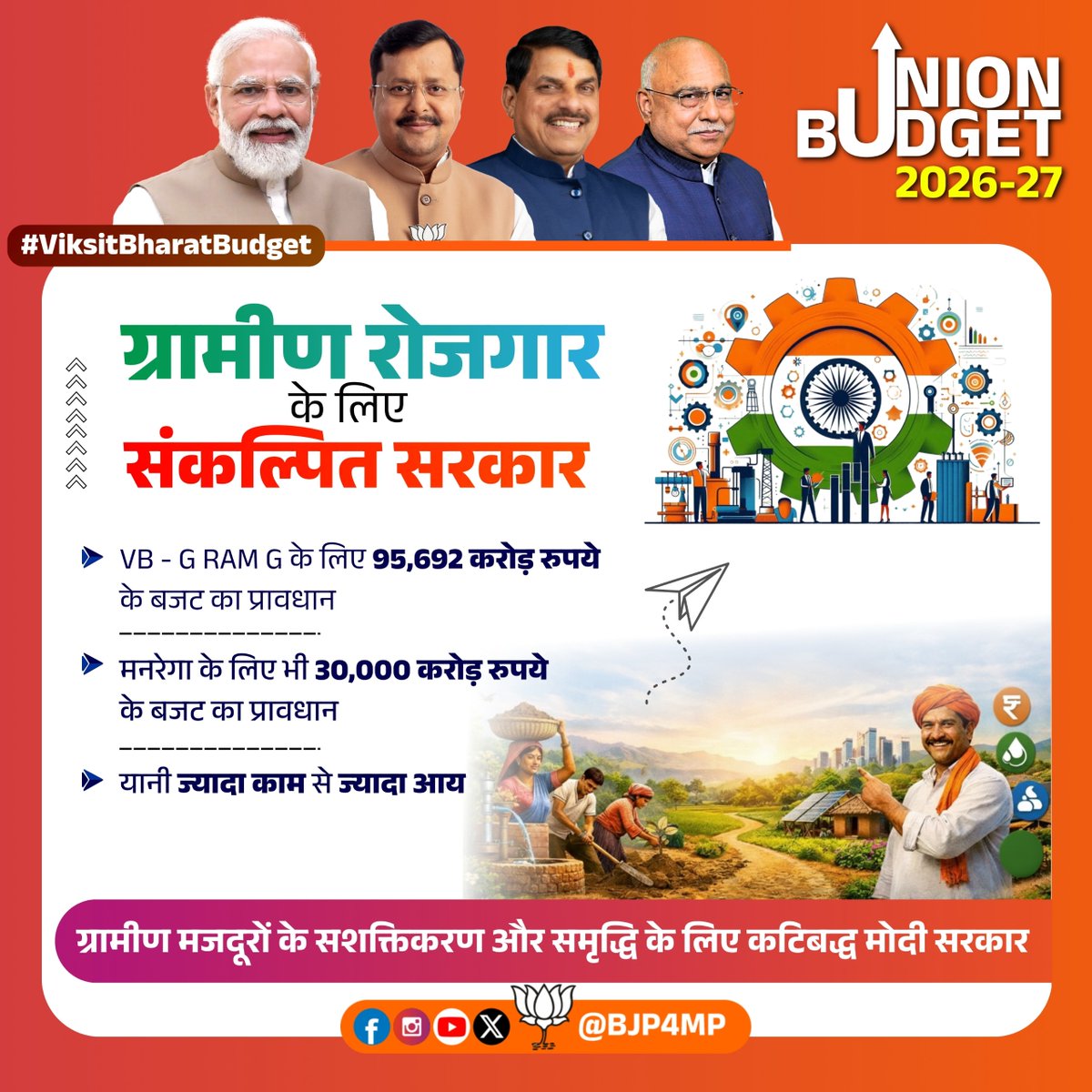 "श्रमिक शक्ति का बजट"

केन्द्रीय बजट 2026-27 में VB-GRAMG के लिए 95,692 करोड़ और मनरेगा के लिए 30,000 करोड़ का प्रावधान किया गया है। इससे ग्रामीण अर्थव्यवस्था सशक्त होगी।

#ViksitBharatBudget