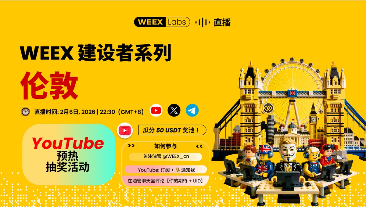 WEEX 建设者伦敦站倒计时！锁定直播，赢50 USDT！

💰 福利升级：50 USDT现金奖，10位幸运儿平分！
🔥 直播还有随机红包雨，惊喜不间断！

参与超简单👇
✅ 点击预约直播 → youtube.com/live/6LnvvdlDH…
✅ 关注 <a href="/WeexCn/">WEEX中文</a>
✅ 订阅YouTube频道 + 打开小铃铛🔔
✅ 在直播聊天区评论你的UID即可参与抽奖！

⏰