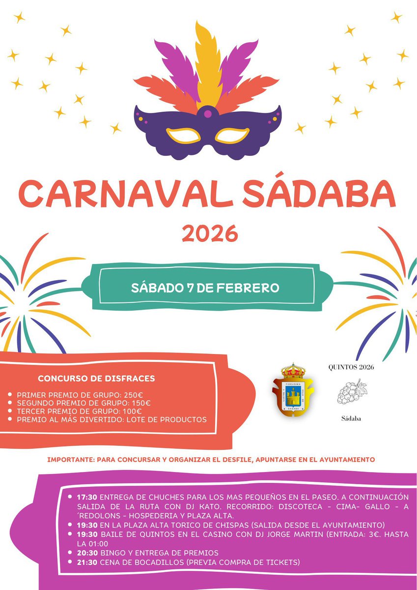 CARNAVAL EN SÁDABA
El municipio cincovllés de Sádaba celebrará hoy su carnaval con una completa programación que comenzará a las 17.30 hora. Una cita par disfrutar de la música y de los coloridos disfraces.
#tradicionescincovillas
#comarcacincovillas
#sadaba
