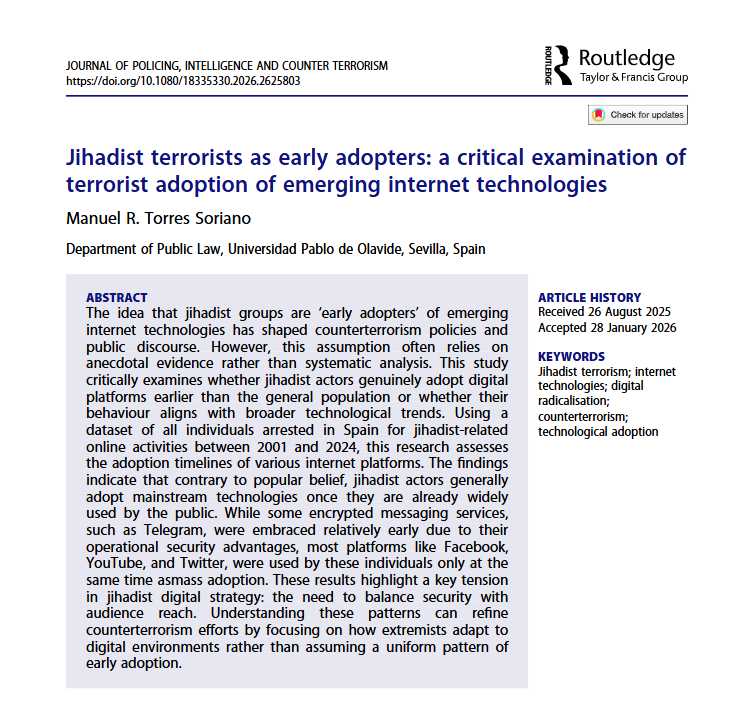 mrtorsor's tweet photo. My latest research has just been published in the Journal of Policing, Intelligence and Counter-Terrorism 👇
"Jihadist #terrorists as early adopters: a critical examination of terrorist adoption of emerging #internet technologies"
50 free eprints:
https://t.co/q5GATBrVut https://t.co/JXijmGfNtB
