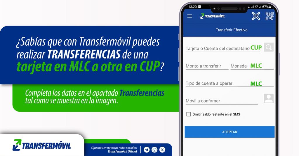 ¡Con tu tarjeta MLC asociada en Transfermóvil puedes transferir saldo hacia tarjetas en CUP! No sólo hacia cuentas en la misma moneda. 💁‍♂️
A estas transferencias se aplicará la tasa de cambio vigente en el día, establecida por el BCC. 💱🏦✅
#EtecsaTeAcompaña
