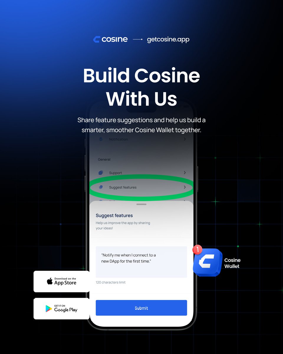 Your wallet. Your voice.
Help shape the future of Cosine Wallet by sharing feature ideas directly in the app.
Let’s build smarter, together 🚀
#CosineWallet #Web3 #CryptoWallet #BuildInPublic