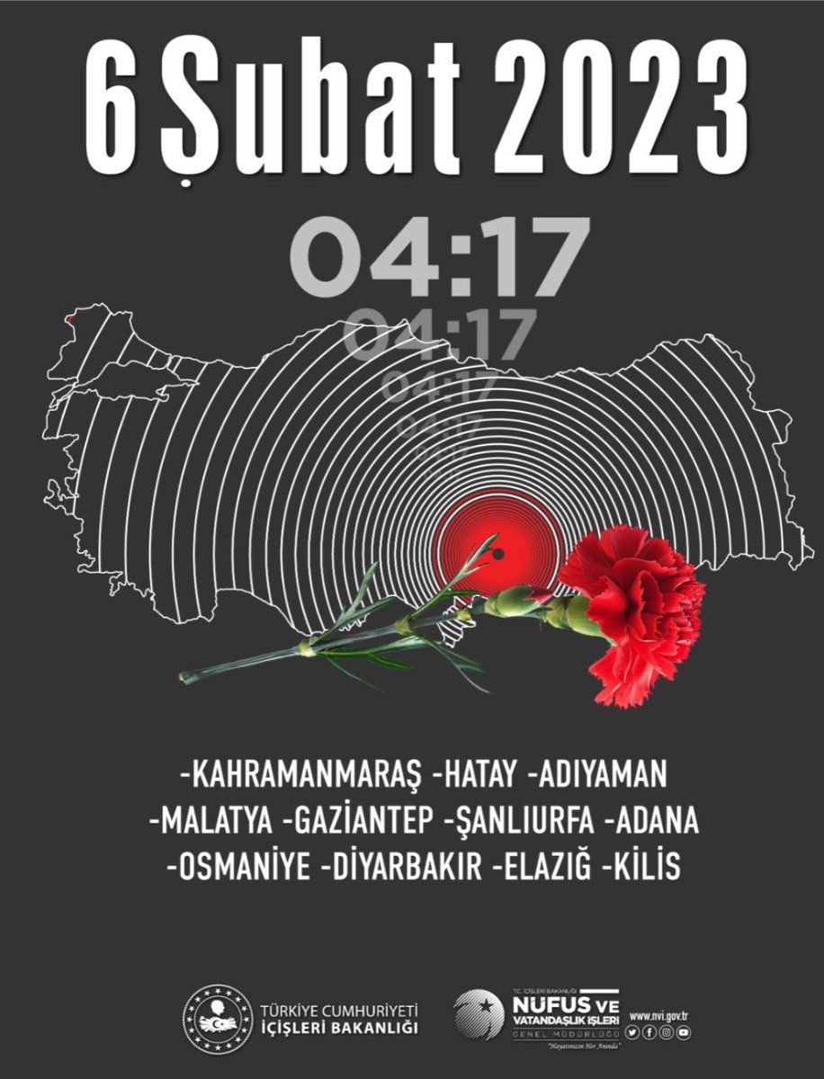 6 Şubat 2023 tarihinde meydana gelen ve ülkemizi derinden etkileyen depremlerde hayatını kaybeden vatandaşlarımızı rahmetle anıyor, ailelerine ve Aziz Milletimize başsağlığı diliyoruz.