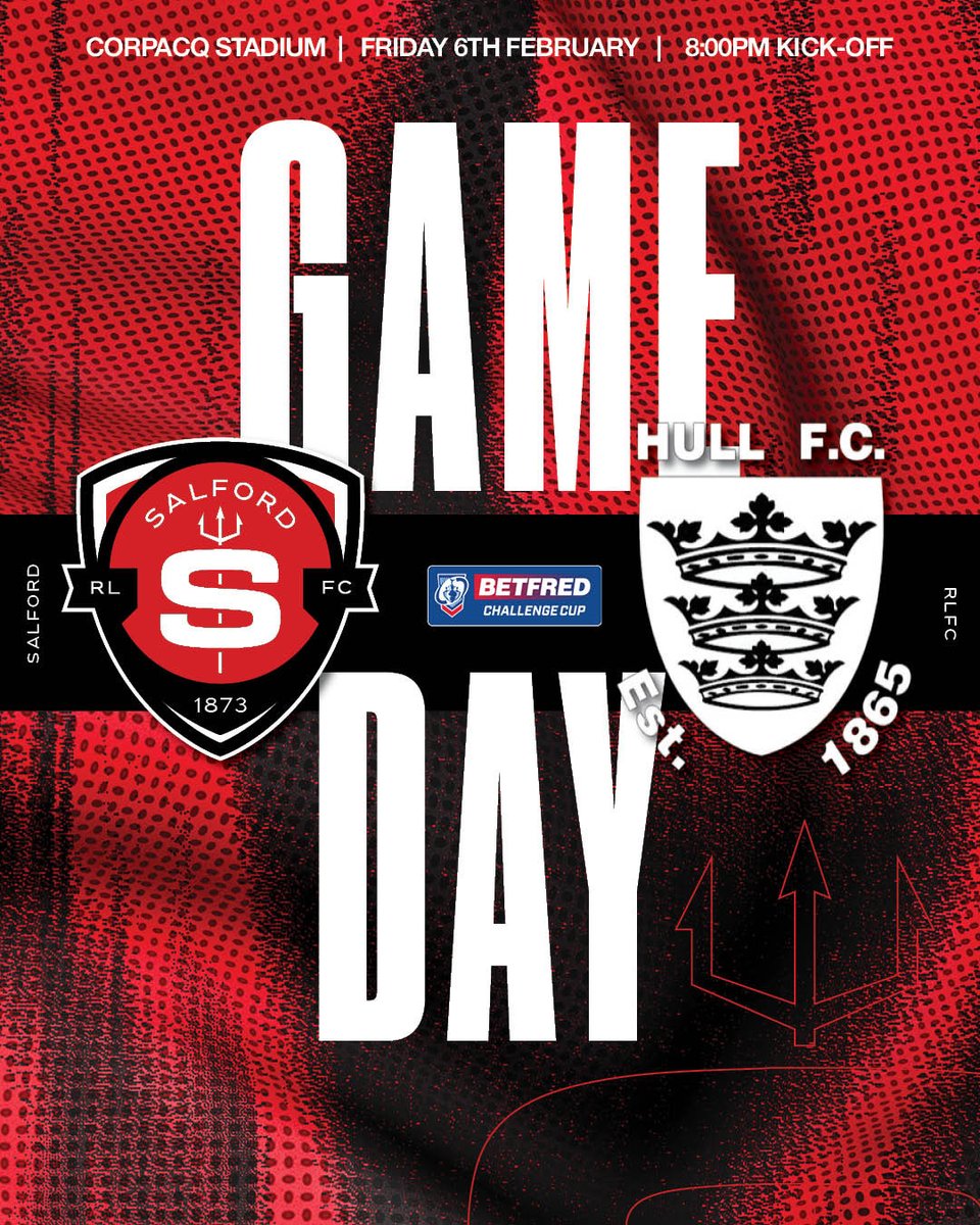 Salford_RLFC's tweet photo. 𝙄𝙩’𝙨 𝙂𝙖𝙢𝙚 𝘿𝙖𝙮 👹

Tonight we host Hull FC at the CorpAcq Stadium, in the third round of the @TheChallengeCup 

🎟️ Still not got your ticket? Buy one now: https://t.co/gtzwamMDVq https://t.co/BdDS8a2N6D