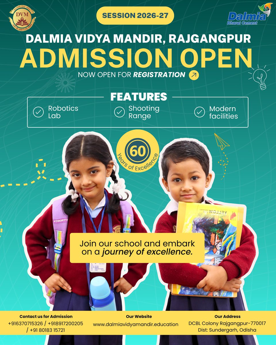 DVMRGP's tweet photo. Admission Open - Session 2026-27 || DALMIA VIDYA MANDIR, RAJGANGPUR 
#admissionsopen #rajgangpur https://t.co/6GL40J5i4Z