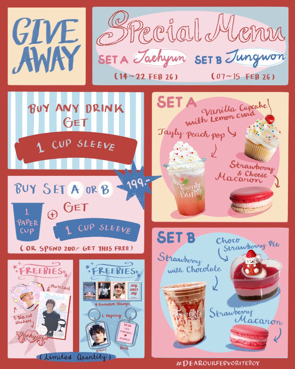 mmmmmxwwwww's tweet photo. Special menu &amp; Give away มาแล้วค่า🙌🏻
🍑Set A : Jaehyun set (14-22 Feb)
🍓Set B : Jungwon set (7-15 Feb)

*งานมีทั้ง2ศิลปิน เฉพาะวันที่ 14-15 ก.พ.
*คาเฟ่ปิด 9-10/16-17 ก.พ.

#dearourfebvoriteboy 
#dearourfebvoriteboy_jungwon
#dearourfebvoriteboy_jaehyun
#JAEHYUN #JUNGWON https://t.co/BTBz4eR5Vk
