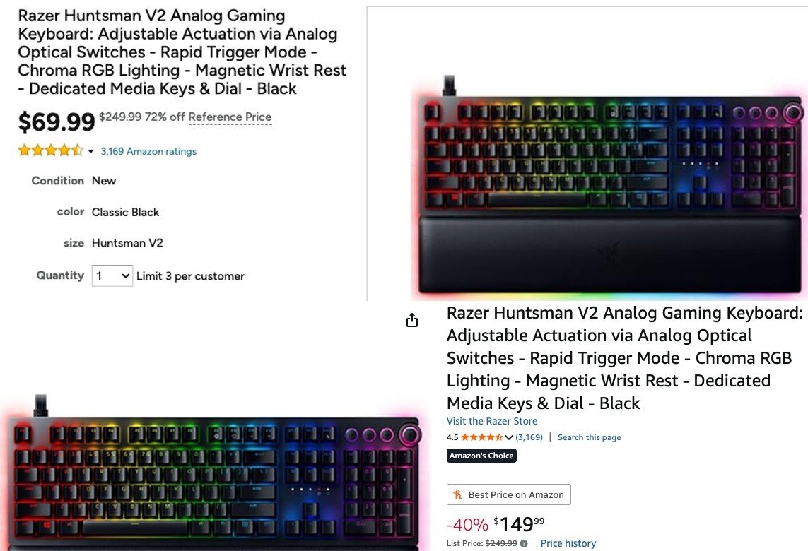 Pricerrors's tweet photo. Possible Price Error on Razer Huntsman Gaming Keyboard 

$69.99 at checkout (Orig. $249.99) 

Exact model on Amazon is $149.99 

Few sales on eBay for $120+ 

Woot has 30 day returns - risk free

https://t.co/isgbZhA0tF https://t.co/qV2a13Am6f