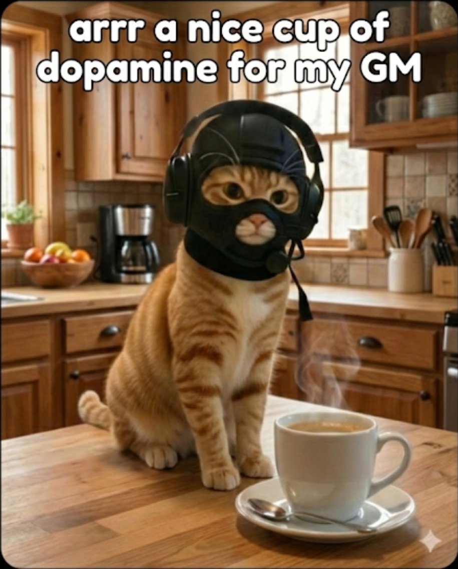 GinjaninjaMask's tweet photo. GM $Mask fam! ☕️🪖
Arrr, nothing beats a fresh cup of tactical dopamine to get the morning mission started. Gear is on, focus is locked, and the brew is steaming.
Let’s get after it today. 🚀
#GM #MaskFam #DopamineHit #TacticalMorning #ADHD #crytpo https://t.co/sWeIqico2E
