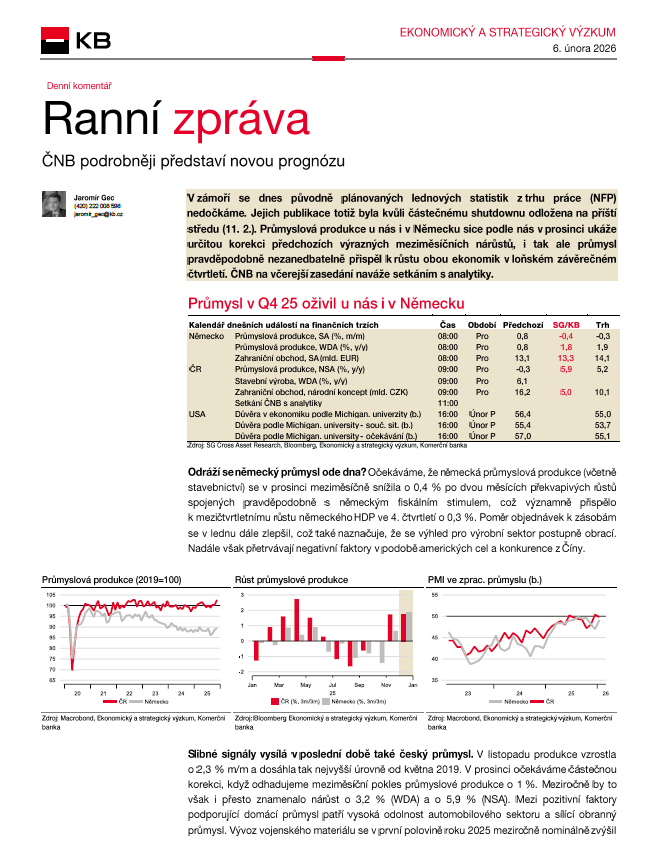 🏦ČNB 🇨🇿, ECB 🇪🇺 ani BoE 🇬🇧 včera sazby nezměnily. Zasedání ČNB v kombinaci se stále zvýšeným růstem cen služeb včera přispěly k posílení koruny. Tuzemský i německý průmysl v Q4 25 viditelně oživil. Více v #KBranni👉bit.ly/4azXTxh✍️<a href="/komercka/">Komerčka</a>.