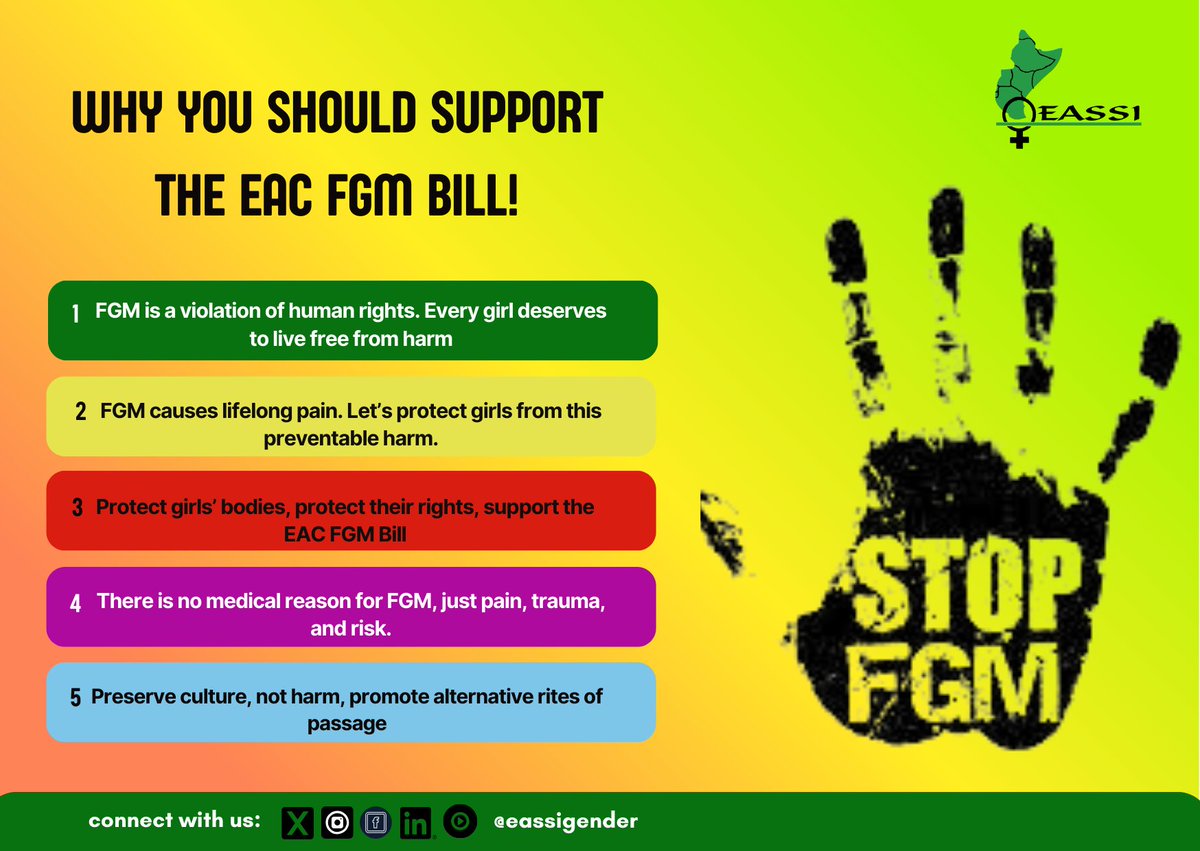 The #EACFGMBILL is crucial for delivering a unified and effective legal response to FGM in the region.

It will protect the health and well-being of girls and women while strengthening Cross-Border Cooperation.

Pass the Bill, protect every girl!