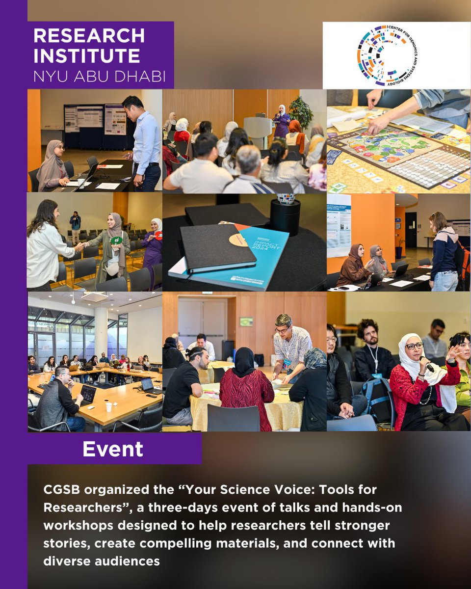 RINYUAD's tweet photo. Your Science Voice: Tools for Researchers wrapped up at NYU Abu Dhabi🧬🎙️

Jan 29–30 &amp; Feb 2, 2026: talks + hands-on workshops on storytelling, AI, visuals, and engagement helping researchers communicate science with impact.

#NYUAD #NYUADResearchInstitute #NYUADRICGSB https://t.co/CamYTHZEeS