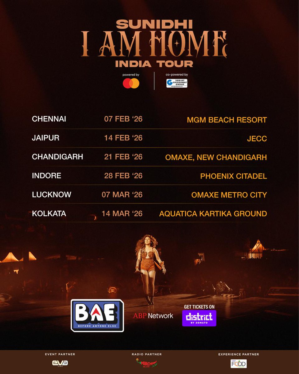 abplive's tweet image. After Mumbai, Delhi, Bengaluru, Ahmedabad, and Chennai, Sunidhi Chauhan is bringing her high-energy “I Am Home Tour” to YOUR city!

Who’s ready to sing and dance along? Grab your tickets now: district.in/events/sunidhi…

#SunidhiChauhan #Bollywood #LiveConcert #ABPNetwork #BAE