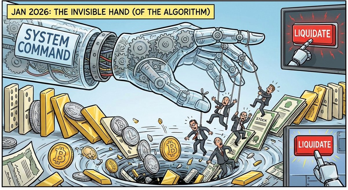 "헤지펀드의 cross-asset 마진콜: 금 폭락이 비트코인을 왜 터뜨렸나?"
(비트코인 대폭락이유를 설명하니 끝까지 읽으시길~)

지난 1월 말부터 2월 초까지, 
전통적인 시장 분석 틀로는 설명이 
불가능했던 현상을 보았다. 

금과 은이 폭락하는 동안 비트코인도 함께 무너졌고, 
결국 주식시장까지