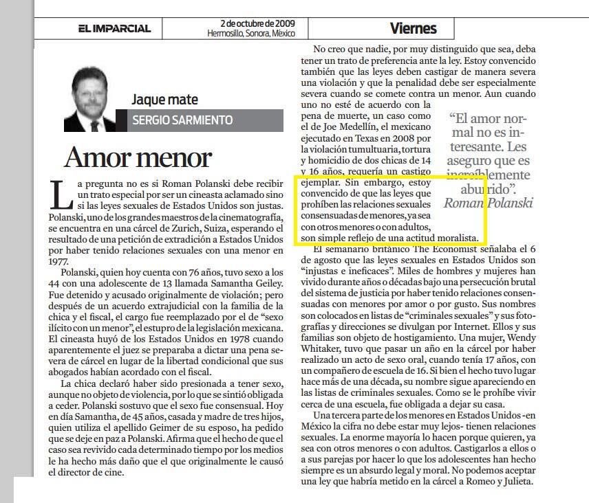 Ayudemos a <a href="/SergioSarmiento/">Sergio Sarmiento</a> a recobrar la memoria de este artículo en el que escribió esto👇👇👇

…”Sin embargo, estoy convencido de que las leyes que prohíben las relaciones sexuales consensuadas de menores, ya sea con otros menores o con adultos, son simple reflejo de una