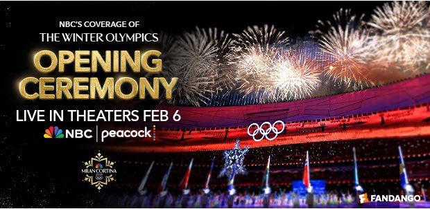 Starting tomorrow Friday February 6, the 2026 Winter Olympic Games in Milan and Cortina, Italy — and thanks to NBC also on the giant screens of AMC Theatres.  Don’t miss the thrill and drama of the best human competition the world has to offer. At an AMC theatre near you.
