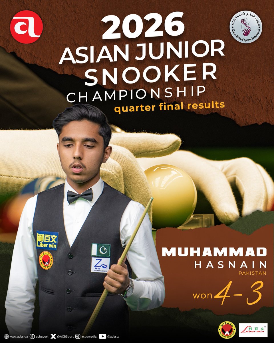 ACBSport's tweet photo. Muhammad Hasnain 🇵🇰 held his composure under pressure to secure a hard-fought 4–3 quarterfinal victory at the 2026 Asian Junior Snooker Championship.
#AsianJuniorSnooker2026 #MuhammadHasnain #PakistanSnooker #SnookerChampionship #SnookerUpdate #ACBS https://t.co/zajxHcHbf0