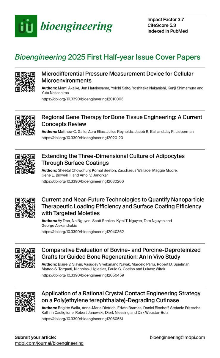 MDPIEngineering's tweet photo. π Excited to share the Bioengineering 2025 First Half-year Issue Cover Papers.
#CellularMicroenvironments #Biosensors #GeneTherapy #BoneTissueEngineering #RegenerativeMedicine #3DCulture #Adipocytes #Nanoparticles #DrugDelivery #Biomaterials #BoneRegeneration #EnzymeEngineering https://t.co/pes4ljVKCG