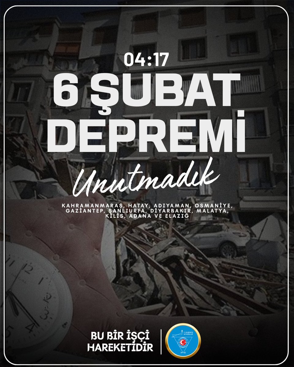 6 Şubat 2023'de meydana gelen ve 11 şehrimizi etkileyen Kahramanmaraş merkezli depremde hayatını kaybeden vatandaşlarımızı rahmetle anıyoruz.

Acıyı hâlâ yüreğimizde hissediyoruz.
#6subat2023