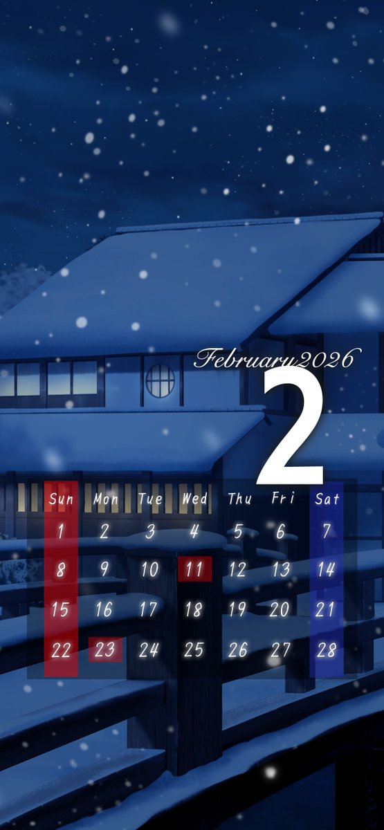 【カレンダープレゼント】
 2月は江戸の街にかかる積雪背景❄️
土日は都内でも雪が降るかも…？！

←9:16　　9:19.5→
#みにくるカレンダー #冬 #美術 #背景